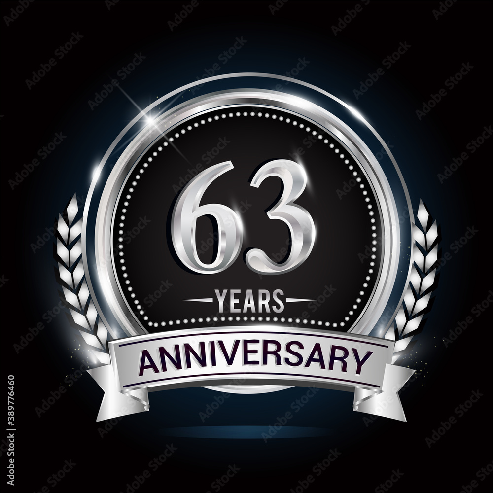 63rd silver anniversary logo with laurel wreath, ribbon and silver ring. vector design 63rd silver anniversary logo with laurel wreath, ribbon and silver ring. vector design