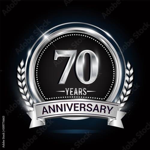 70th silver anniversary logo with laurel wreath, ribbon and silver ring. vector design