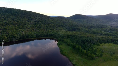 Aerial view of Colgate lake upstate New York Catskills mountains at dusk photo