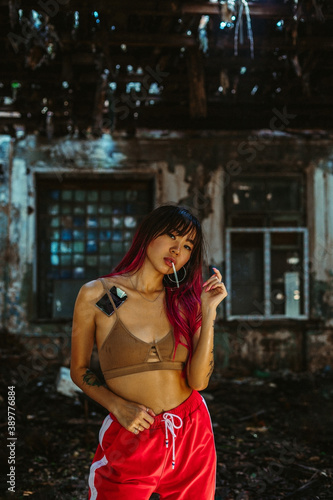 Girl Smoking, construction, ruins, darkness, tattoo, smoke, Asian, red hair, top, underwear, Chernobyl, construction 