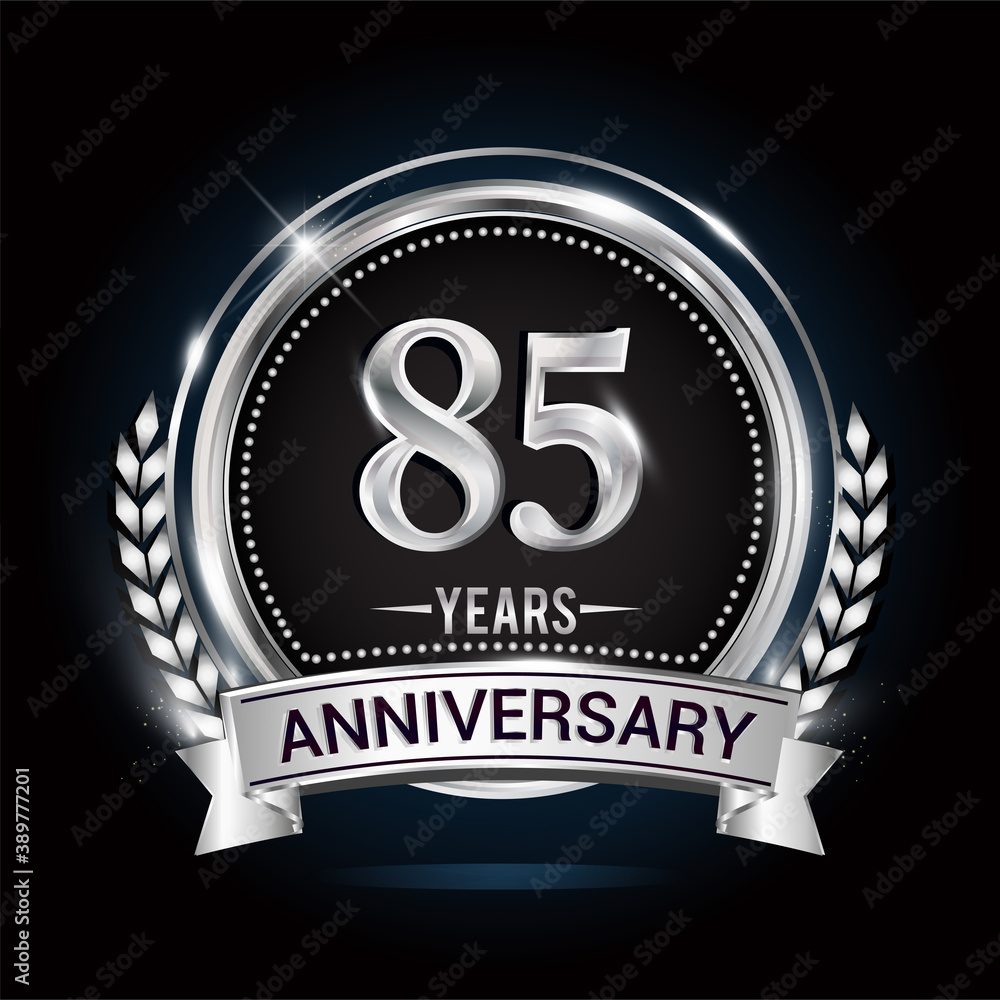 85th silver anniversary logo with laurel wreath, ribbon and silver ring. vector design 85th silver anniversary logo with laurel wreath, ribbon and silver ring. vector design