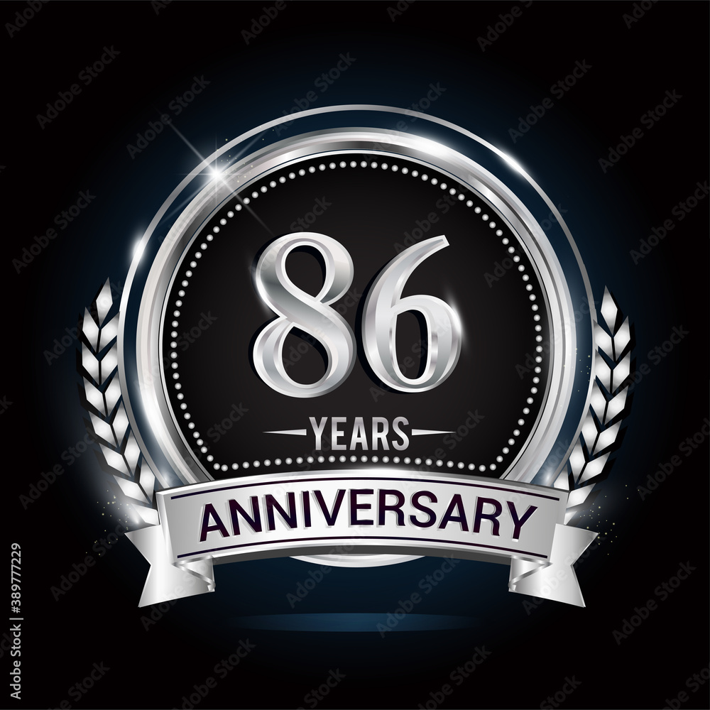 86th silver anniversary logo with laurel wreath, ribbon and silver ring. vector design 86th silver anniversary logo with laurel wreath, ribbon and silver ring. vector design