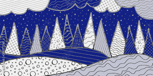 Abstract vector illustration. Stylization of a winter landscape: snowdrifts, trees, sky. Original textures.	