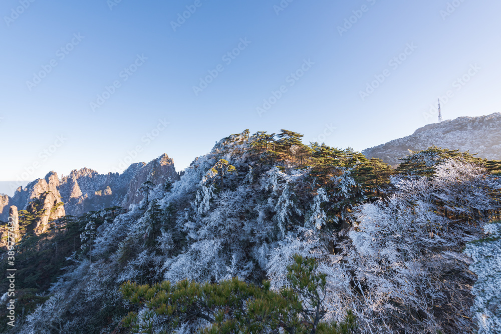 Beautiful view of rime at sunset at Qingliangtai in Huangshan Scenic Area, Anhui, China Beautiful view of rime at sunset at Qingliangtai in Huangshan Scenic Area, Anhui, China