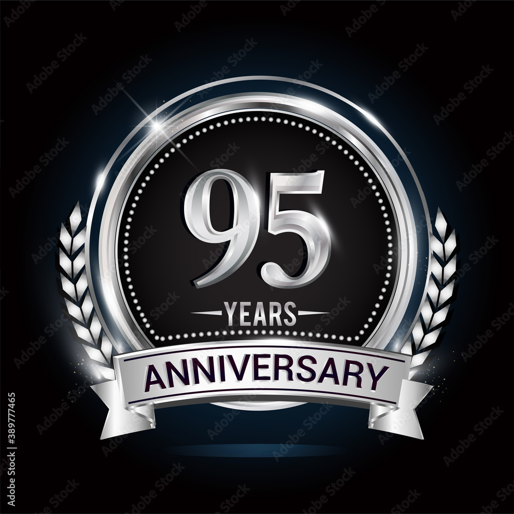 95th silver anniversary logo with laurel wreath, ribbon and silver ring. vector design 95th silver anniversary logo with laurel wreath, ribbon and silver ring. vector design