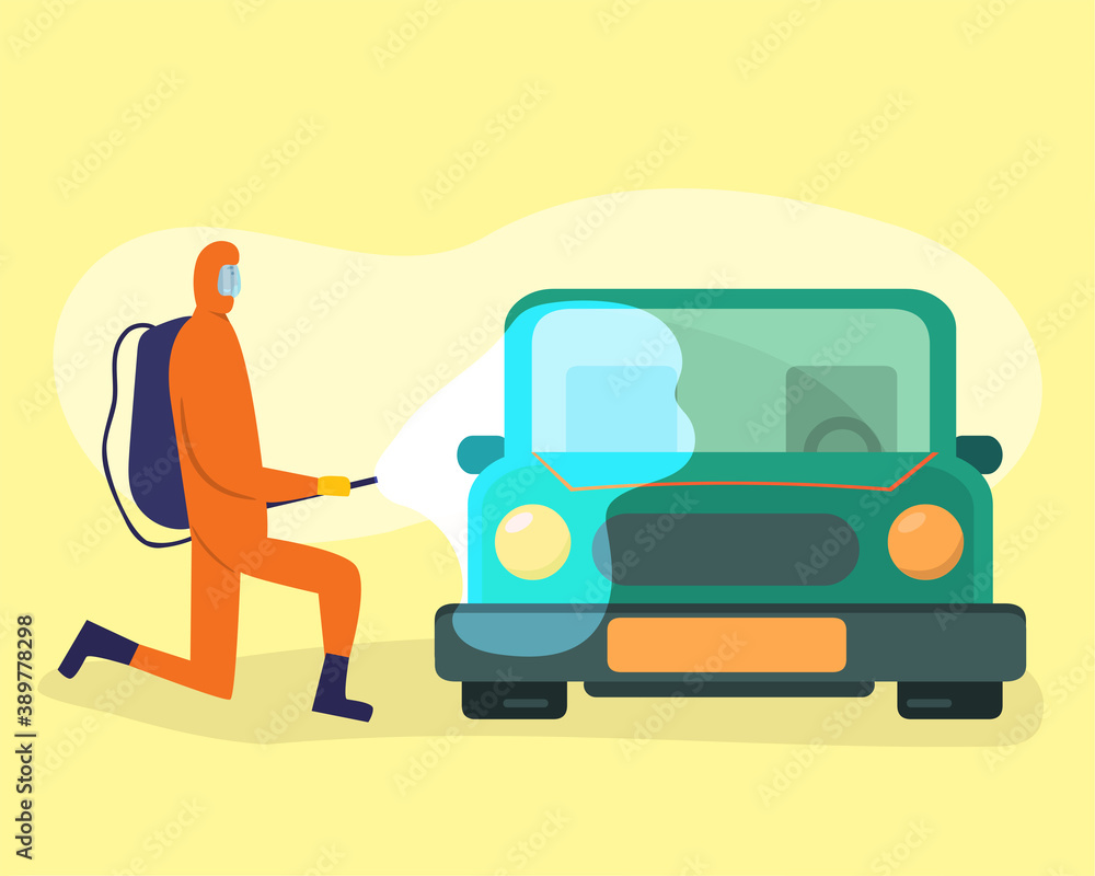 people with protective suit disinfecting car vector illustration in flat style people with protective suit disinfecting car vector illustration in flat style