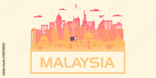 Malaysia Travel Ticket Postcard, poster, tour advertising of world-famous landmarks of Malaysia. Vector illustration.