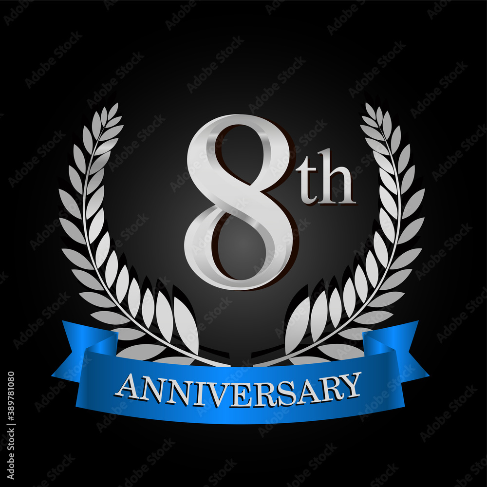 8th anniversary logo with blue ribbon and laurel wreath, vector template for birthday celebration. 8th anniversary logo with blue ribbon and laurel wreath, vector template for birthday celebration.