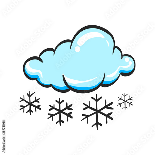 Weather overcast snowing icon in color drawing. Nature snowflakes winter December
