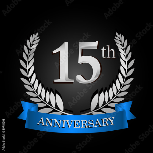 15th anniversary logo with blue ribbon and laurel wreath, vector template for birthday celebration.