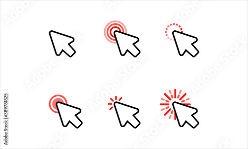 Computer mouse click cursor arrow icons set. Target clicks, arrow icons. Pointer icon. Cursor badge. Mouse click cursor collection. Vector on isolated white background. EPS 10.