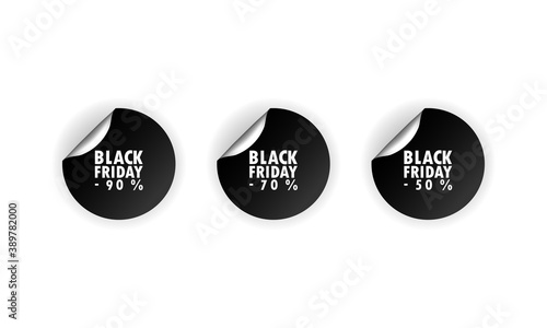 Black friday stiker. Sale sticker. Round stikers discount label on transparent backdrop up to 50, 70, 90 percent. Black friday. Vector flat cartoon illustration for web sites