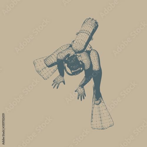Silhouette of diver. The concept of sport diving. Vintage engraved illustration