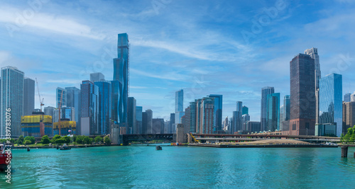 Chicago Skyline. Chicago downtown, View from Chicago River. Bridges and surrounding buildings on a clear sunny summer