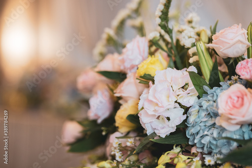 Blurred roses and flower bouquet in vase pastel, Love wedding or marriage background
