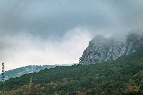 High rocky mountains with forested slopes and peaks hidden in the clouds.