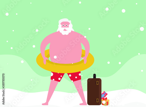 Christmas vector concept: Naked santa claus ready for holiday posing with buoy and suitcase