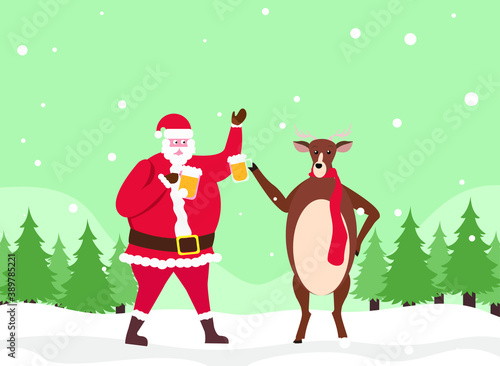 Christmas vector concept: Santa claus and his reindeer cheering with beer glass at the park in winter day