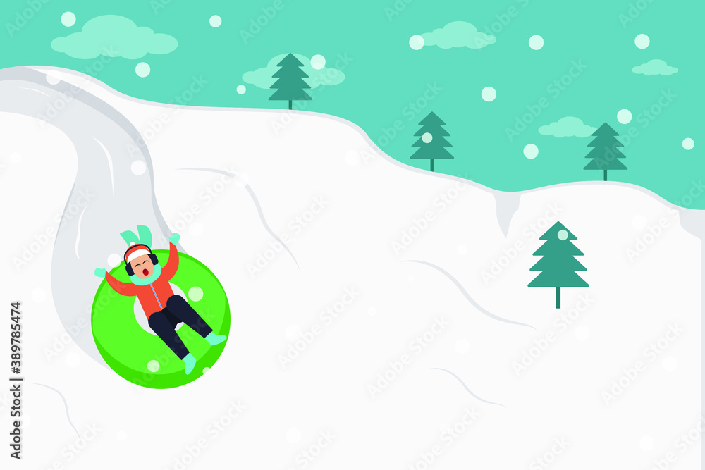 Winter vector concept: Joyful teenage boy sliding on the snow hill with rubber circle tubing in wintertime