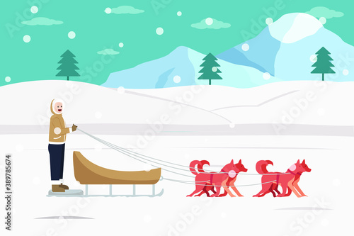 Winter vector concept: Man riding sled dog at the park in winter time