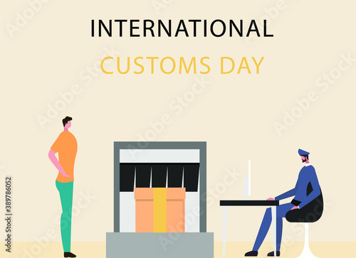 International Customs Day vector concept: Passenger waiting his cargo checked by customs officer in the airport or harbor terminal