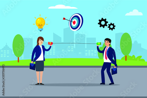 Business communication vector concept: Two business people talking about idea, target, and management through line communication