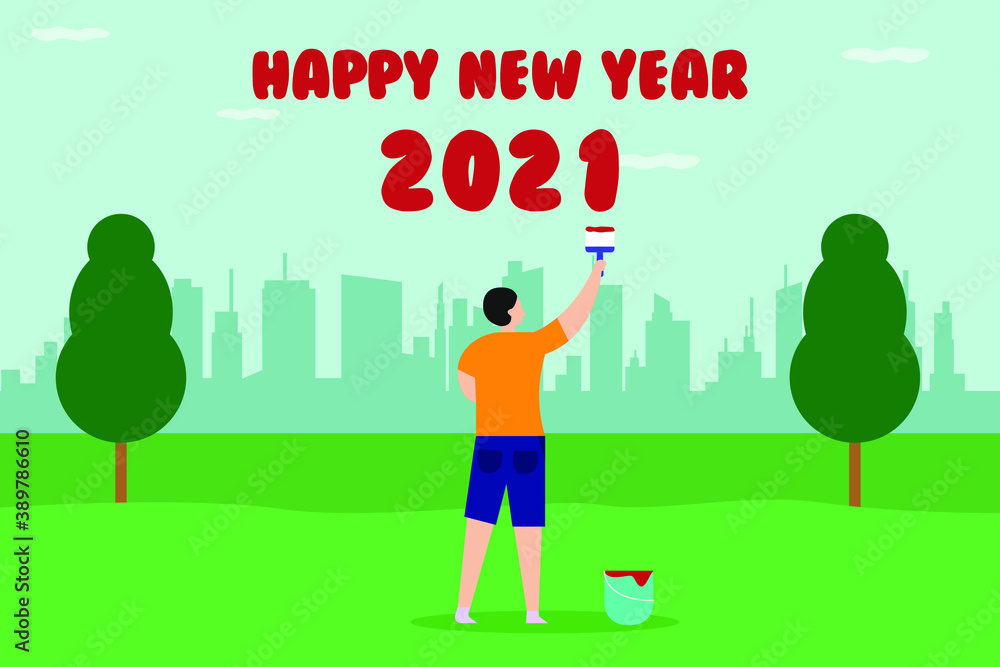 Happy New Year 2021 vector concept: Man painting happy new year 2021 text with a brush at the park Happy New Year 2021 vector concept: Man painting happy new year 2021 text with a brush at the park