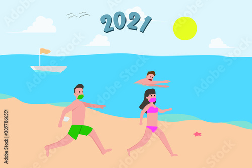 New normal in new year vector concept: Young couple running on the seashore together while wearing protective mask with number 2021