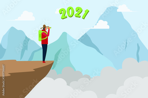 Winter vector concept: Young man wearing warm clothes in winter season while feeling cold with number 2021