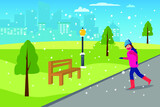 Winter exercise vector concept: Woman in face mask jogging at the park while wearing winter clothes during snowy day at winter time
