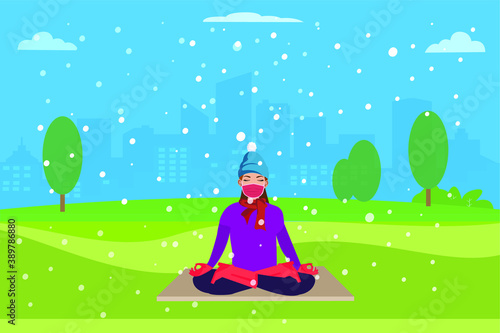 Winter exercise vector concept: Woman in face mask doing yoga exercise by sitting and meditating while wearing winter clothes at the park during snowy day