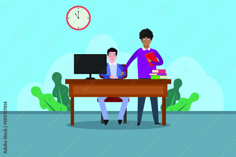 Education vector concept: University students learning with computer together in the classroom Education vector concept: University students learning with computer together in the classroom