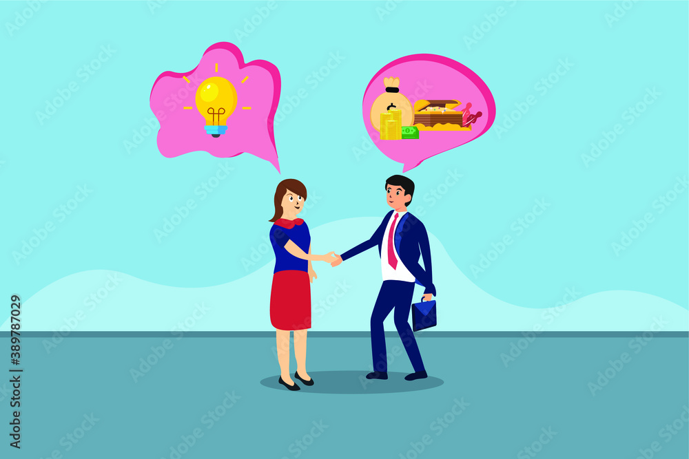 Business vector concept: Young businesswoman and businessman handshaking for collaboration with cloud speech over the head Business vector concept: Young businesswoman and businessman handshaking for collaboration with cloud speech over the head