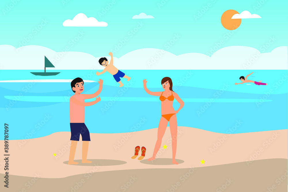 Summer holiday vector concept: Young parents and little son playing on the beach while enjoying summer holiday