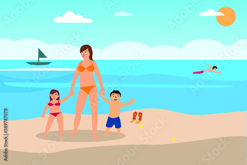 Summer holiday vector concept: Young mother and her children standing on the sand beach while enjoying summer holiday