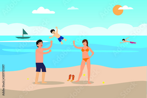 Summer holiday vector concept: Young parents and little son playing on the beach while enjoying summer holiday