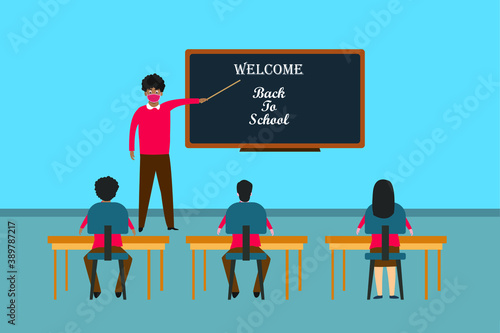 New normal education vector concept: Male teacher teaching students in new normal while wearing face mask