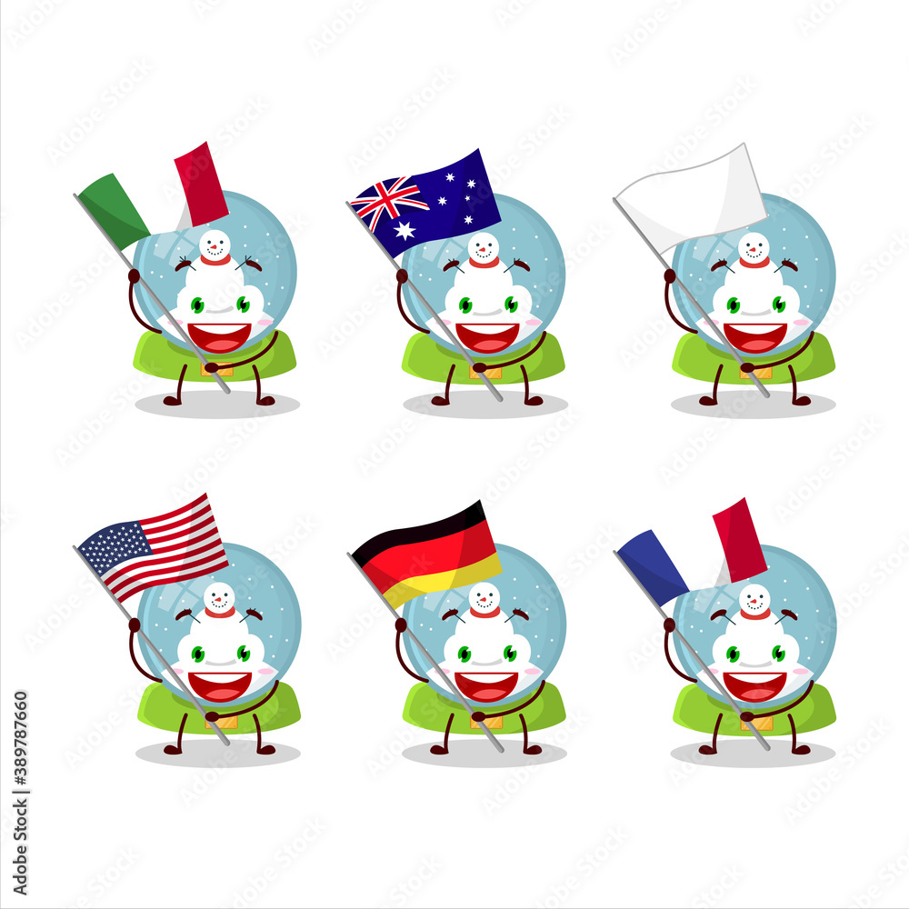 Snowball with snowman cartoon character bring the flags of various countries