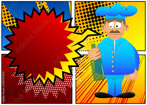 Fat male cartoon chef in uniform holding a bottle. Vector illustration.