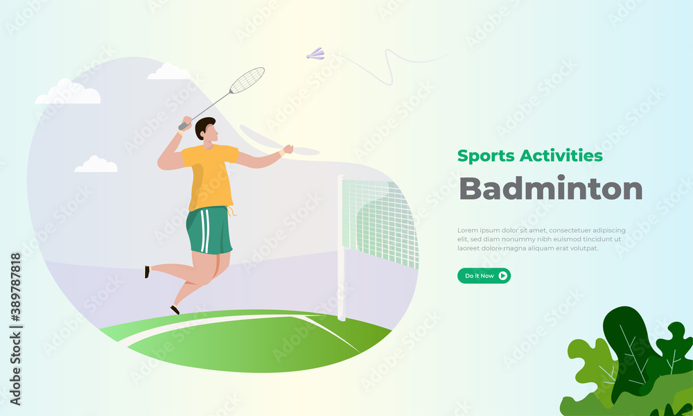 A man jumps up and smashes the shuttlecock for badminton illustration concept