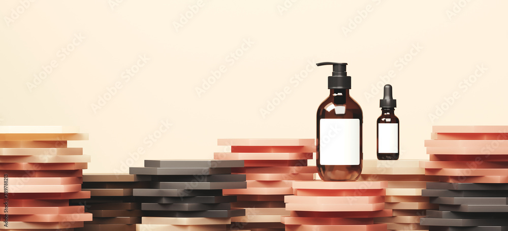 Minimal abstract mockup background for product presentation. Cosmetic bottle on grey and beige stripe podium on beige background. 3d rendering illustration. Clipping path of each element included. Minimal abstract mockup background for product presentation. Cosmetic bottle on grey and beige stripe podium on beige background. 3d rendering illustration. Clipping path of each element included.