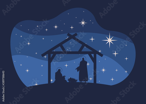 happy merry christmas card with holy family in stable silhouette scene