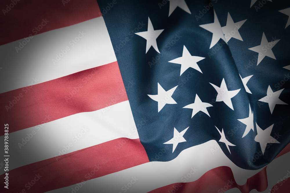 Fototapeta premium Close-up american flag, USA flag background with copy space. Top view