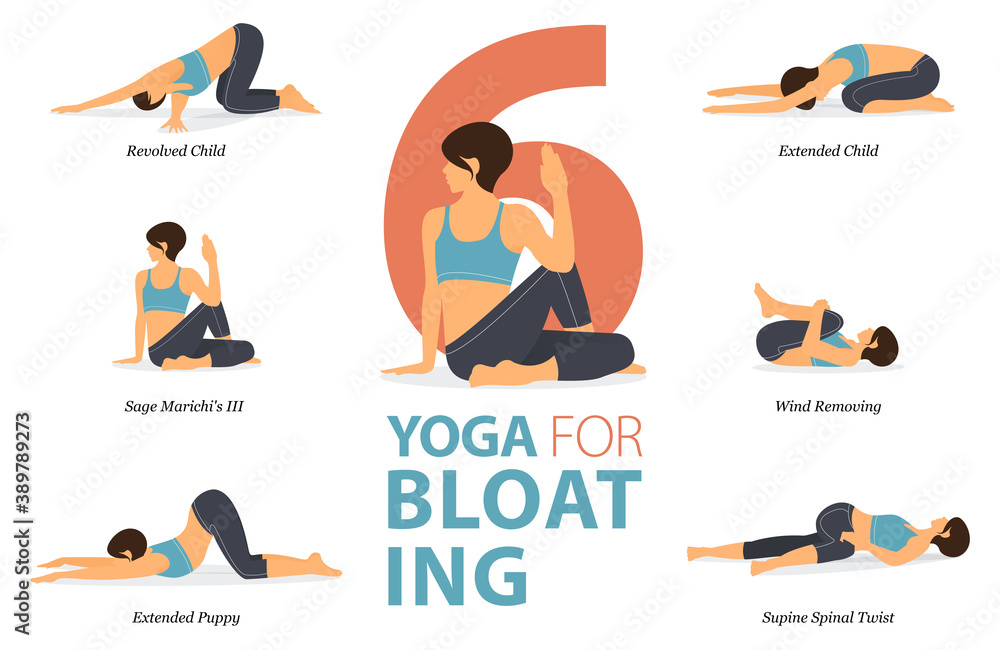 Vetor de 8 Yoga poses or asana posture for workout in After A Long Day  concept. Women exercising for body stretching. Fitness infographic. Flat  cartoon vector do Stock