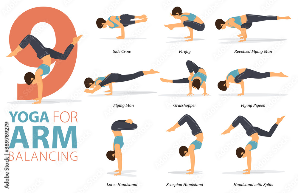 9 Yoga poses or asana posture for workout in Arm Balance concept. Women  exercising for body stretching. Fitness infographic. Flat cartoon vector  Stock Vector | Adobe Stock