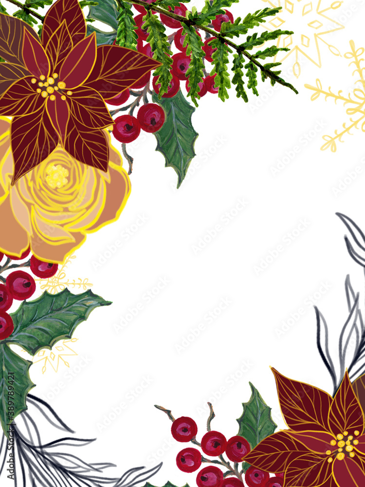 Christmas golden plant poinsettia berries pink green red wine marsala burgundy watercolor for holiday party wreath bouquet for invitation traditional flower and plants Christmas golden plant poinsettia berries pink green red wine marsala burgundy watercolor for holiday party wreath bouquet for invitation traditional flower and plants