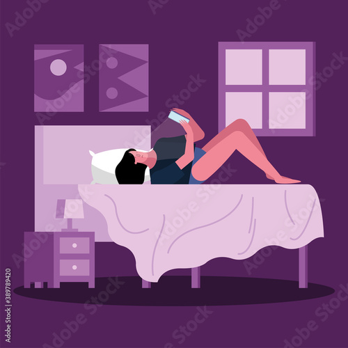 woman in bed using smartphone suffering from insomnia character