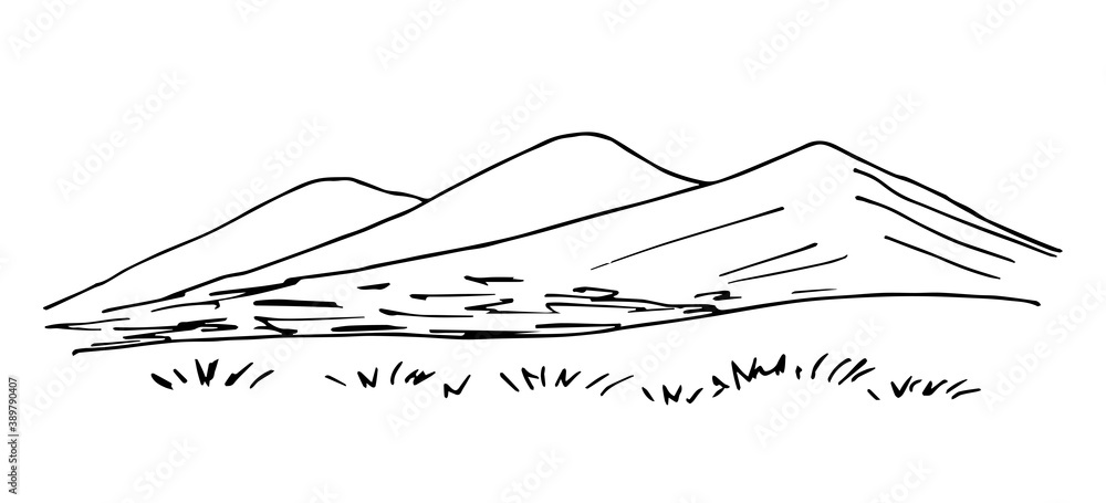 Simple hand-drawn vector drawing in black outline. Mountain landscape, grass, wilderness, hilly area. Tourism, travel. Ink sketch.