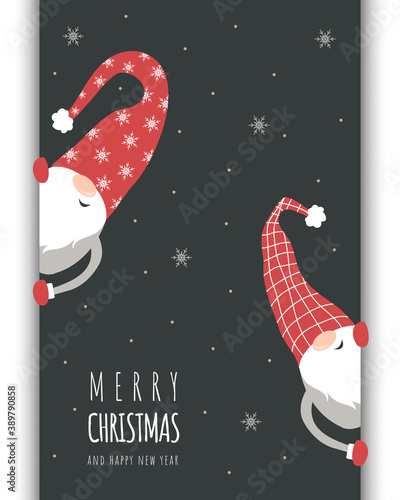 Christmas card with cute scandinavian gnome in red hat. Season greetings. Merry christmas and happy New year. Vector illustration in flat style. Nordic vintage postcard.