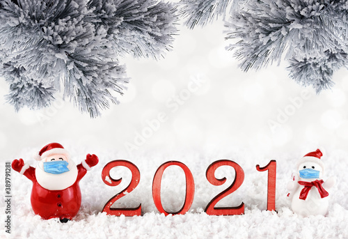 Santa Claus, snowman with b...